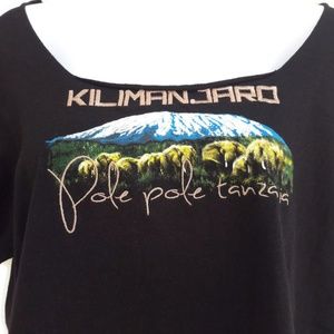 Luxe Black Kilimanjaro Tanzania Embroidered Text T-Shirt Tee Cut Distressed M